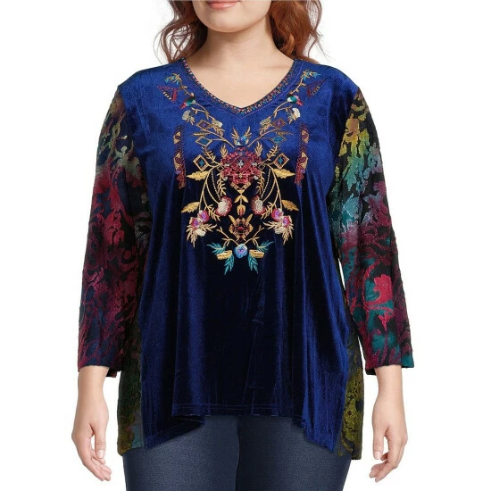Discount β Calessa Plus Size Velvet Embroidered Burnout Tie Dye Print V-Neck Long Sleeve Tunic Navy Multi π
