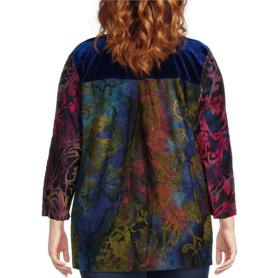 Discount β Calessa Plus Size Velvet Embroidered Burnout Tie Dye Print V-Neck Long Sleeve Tunic Navy Multi π - Image 2