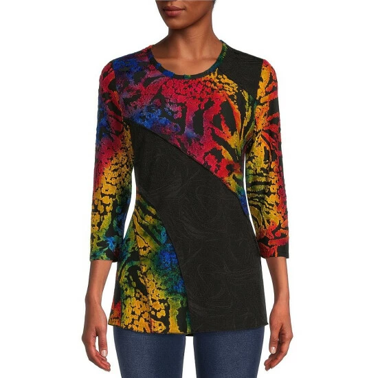 Best Pirce ๐งจ Calessa Petite Size Color Block Burnout Print Jewel Neck 3/4 Roll-Tab Sleeve Top Black/multi ๐