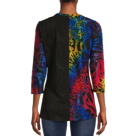 Best Pirce ๐งจ Calessa Petite Size Color Block Burnout Print Jewel Neck 3/4 Roll-Tab Sleeve Top Black/multi ๐ - Image 2