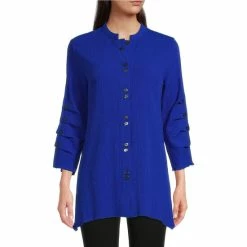 Cheapest 😀 Calessa Petite Size Solid Crinkle Banded Collar 3/4 Sleeve Button Front Tunic Cobalt 🎁