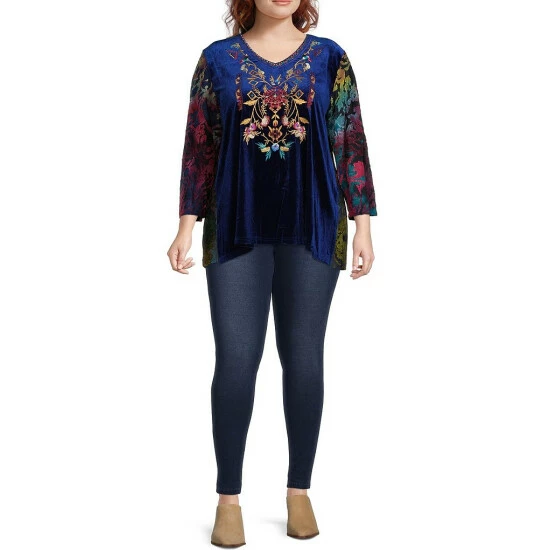 Discount β Calessa Plus Size Velvet Embroidered Burnout Tie Dye Print V-Neck Long Sleeve Tunic Navy Multi π - Image 3