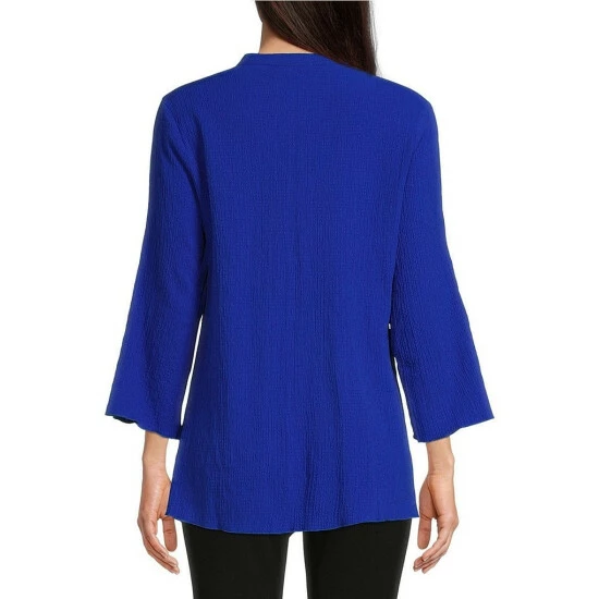 Cheapest 😀 Calessa Petite Size Solid Crinkle Banded Collar 3/4 Sleeve Button Front Tunic Cobalt 🎁 - Image 2