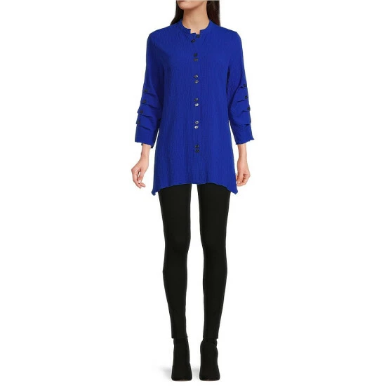 Cheapest 😀 Calessa Petite Size Solid Crinkle Banded Collar 3/4 Sleeve Button Front Tunic Cobalt 🎁 - Image 3