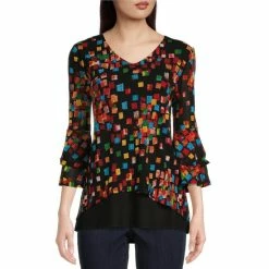 Coupon 🤩 Calessa Abstract Geometric Print Stretch Mesh Jewel Neck 3/4 Double Ruffle Sleeve Tunic Black Multi 🧨