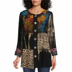 Best deal ⌛ Calessa Knit Patchwork Print Jewel Neck 3/4 Sleeve Button Front Tunic Black Multi 🎁