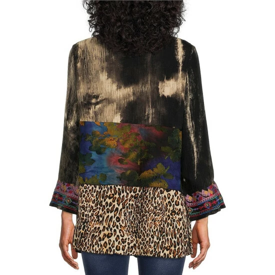 Best deal ⌛ Calessa Knit Patchwork Print Jewel Neck 3/4 Sleeve Button Front Tunic Black Multi 🎁 - Image 2