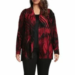 Coupon π Calessa Plus Size Burnout Tie Dye Print Open Front Long Sleeve Drape Cardigan Red Multi β¨