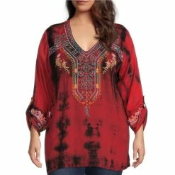 Best Sale 😉 Calessa Plus Size Tie Dye Embroidered Print V-Neck 3/4 Roll-Tab Sleeve Woven Tunic Crimson Multi ✨