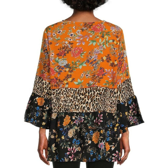 Best deal β Calessa Patchwork Printed Round Neck 3/4 Bell Cuff Sleeve Tiered Top Black Multi 𧨠- Image 2