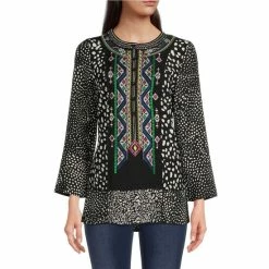 Deals 🧨 Calessa Embroidered Patchwork Print Jewel Neck Long Sleeve Knit Tunic Cobalt Multi 😀