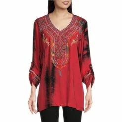 Deals 🥰 Calessa Tie Dye Print Embroidered V-Neck 3/4 Sleeve Woven Tunic Crimson Multi 🥰