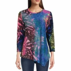 Outlet 🛒 Calessa Burnout Tie Dye Print Asymmetric Hem Long Sleeve Jewel Neck Tunic Black Multi 👍