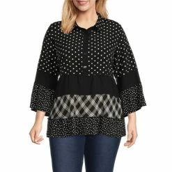 Buy 😍 Calessa Plus Size Mixed Print Point Collar Neck 3/4 Ruffle Sleeve Half Button Front Tiered Tunic Black/white 🎁
