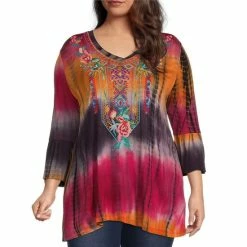 Best reviews of 🎉 Calessa Plus Size Tie Dye Knit Embroidered 3/4 Bracelet Sleeve V-Neck Tunic Purple/multi 🤩