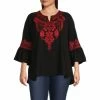 New 🥰 Calessa Plus Size Embroidered Crinkle Woven Round Split Round Neck 3/4 Bell Sleeve Tunic Black/red 👍