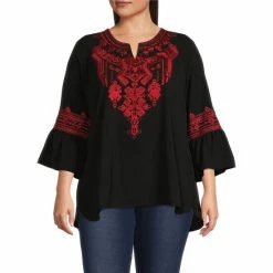 New 🥰 Calessa Plus Size Embroidered Crinkle Woven Round Split Round Neck 3/4 Bell Sleeve Tunic Black/red 👍