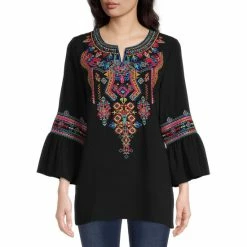 Outlet 💯 Calessa Petite Size Embroidered Split Round Neck 3/4 Ruffle Cuff Sleeve Woven Top Black Multi 🔔