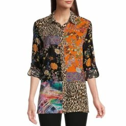 Top 10 🥰 Calessa Patchwork Printed Point Collar 3/4 Roll-Tab Sleeve Button Front 👚 Shirt Fuchsia/multi 😍