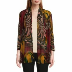 Wholesale 💯 Calessa Petite Size 3/4 Sleeve Abstract Animal Print Open Collar Knit Mesh Cardigan Black Multi 🔥