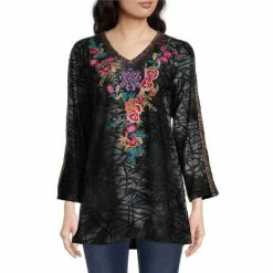 Outlet π Calessa Knit Embroidered Abstract Tie Dye Print V-Neck 3/4 Sleeve Tunic Black Multi β¨