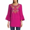 Top 10 🎉 Calessa Embroidered 3/4 Bell Sleeve Jewel Neck Printed Back Detail Top Fuchsia Multi 😍