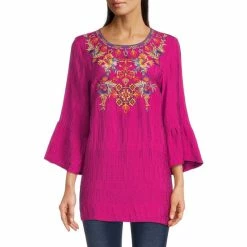 Top 10 🎉 Calessa Embroidered 3/4 Bell Sleeve Jewel Neck Printed Back Detail Top Fuchsia Multi 😍