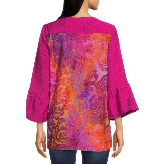 Top 10 🎉 Calessa Embroidered 3/4 Bell Sleeve Jewel Neck Printed Back Detail Top Fuchsia Multi 😍 - Image 2