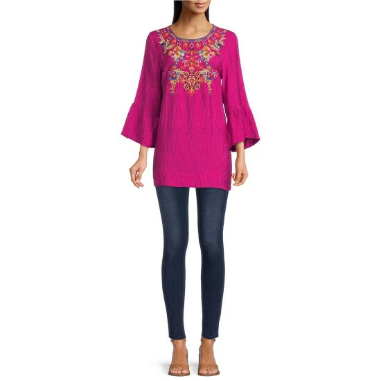 Top 10 🎉 Calessa Embroidered 3/4 Bell Sleeve Jewel Neck Printed Back Detail Top Fuchsia Multi 😍 - Image 3