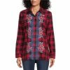 Wholesale 🔥 Calessa Woven Plaid Print Floral Embroidered Point Collar Long Sleeve Button Front Tunic Red Multi ✔️