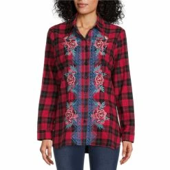 Wholesale 🔥 Calessa Woven Plaid Print Floral Embroidered Point Collar Long Sleeve Button Front Tunic Red Multi ✔️