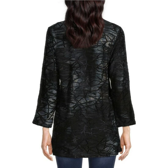Outlet 👏 Calessa Knit Embroidered Abstract Tie Dye Print V-Neck 3/4 Sleeve Tunic Black Multi ✨ - Image 2