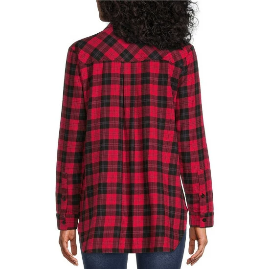 Wholesale 🔥 Calessa Woven Plaid Print Floral Embroidered Point Collar Long Sleeve Button Front Tunic Red Multi ✔️ - Image 2