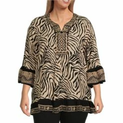 Best reviews of 🤩 Calessa Plus Size Embroidery Trim Animal Print 3/4 Sleeve Split Round Neck Tunic Black/sand/multi ❤️
