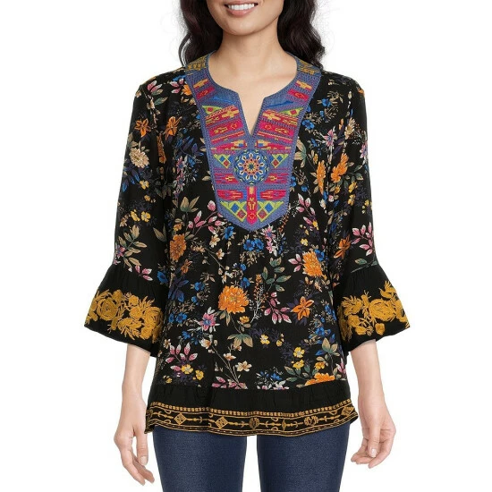 Promo 🤩 Calessa Floral Embroidered 3/4 Bell Sleeve Split Round Neck Ruffle Hem Top Black Multi 🥰