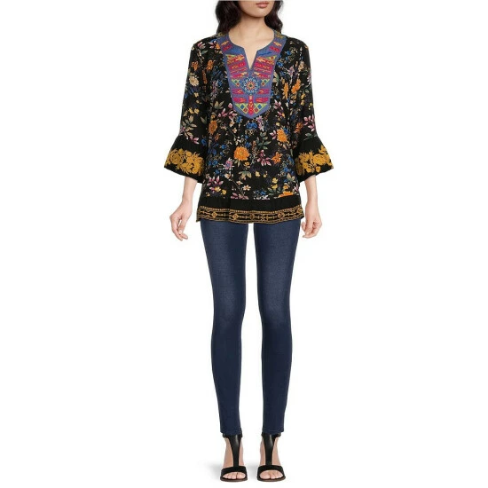 Promo 🤩 Calessa Floral Embroidered 3/4 Bell Sleeve Split Round Neck Ruffle Hem Top Black Multi 🥰 - Image 3