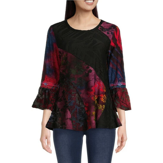 Best Pirce 🔥 Calessa Petite Size Burnout Patchwork Knit Print Jewel Neck 3/4 Bell Cuff Sleeve Tunic Purple 🎁