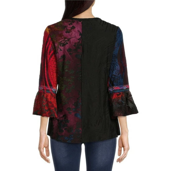 Best Pirce 🔥 Calessa Petite Size Burnout Patchwork Knit Print Jewel Neck 3/4 Bell Cuff Sleeve Tunic Purple 🎁 - Image 2