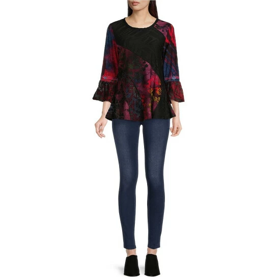 Best Pirce 🔥 Calessa Petite Size Burnout Patchwork Knit Print Jewel Neck 3/4 Bell Cuff Sleeve Tunic Purple 🎁 - Image 3