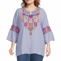 Deals 😉 Calessa Plus Size Embroidered Stripe 3/4 Bell Sleeve Split Round Neck Blouse Black White Multi ✨