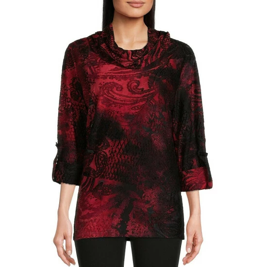 Best deal ๐ Calessa Petite Size Tie Dye Paisley Print Cowl Neck 3/4 Roll-Tab Sleeve Knit Blouse Red Multi ๐ฏ