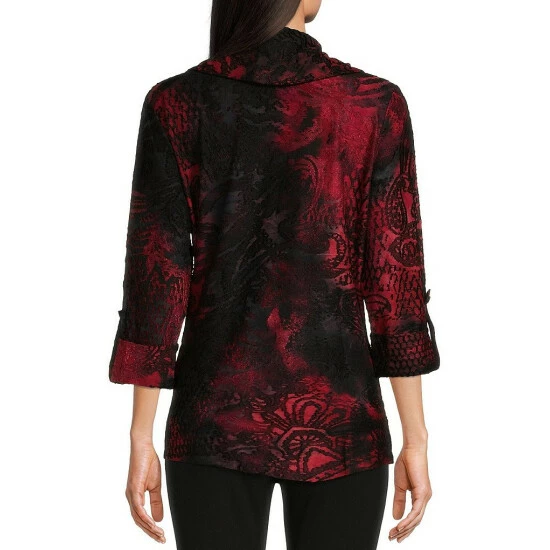 Best deal ๐ Calessa Petite Size Tie Dye Paisley Print Cowl Neck 3/4 Roll-Tab Sleeve Knit Blouse Red Multi ๐ฏ - Image 2