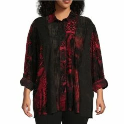 Budget 🔔 Calessa Plus Size Burnout Tie Dye Print Knit Point Collar Roll-Tab Seam Detail Button Front Tunic Red Multi 🤩