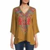 Cheapest 👏 Calessa Petite Size 3/4 Angled Flute Cuff Embroidered V-Neck Crossover Hem Tunic Gold Multi 🤩