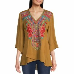 Cheapest 👏 Calessa Petite Size 3/4 Angled Flute Cuff Embroidered V-Neck Crossover Hem Tunic Gold Multi 🤩
