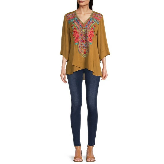 Cheapest 👏 Calessa Petite Size 3/4 Angled Flute Cuff Embroidered V-Neck Crossover Hem Tunic Gold Multi 🤩 - Image 3