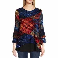 Best Sale 🔔 Calessa Hilo Mesh Knit Geometric Print Jewel Neck 3/4 Sleeve High-Low Tiered Hem Top Cobalt Multi 👍