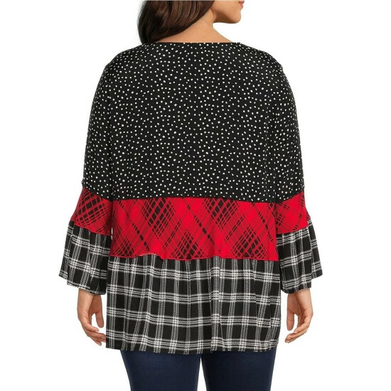Buy ⌛ Calessa Plus Size Dot And Plaid Patchwork Print Round Neck 3/4 Sleeve Tiered Tunic Black Multi ✔️ - Image 2