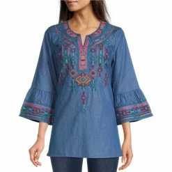 Wholesale ✔️ Calessa Embroidered Denim 3/4 Bell Cuff Sleeve Split Round Neck Top Indigo Multi 🔔