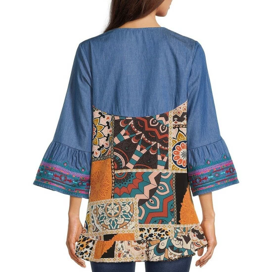 Wholesale ✔️ Calessa Embroidered Denim 3/4 Bell Cuff Sleeve Split Round Neck Top Indigo Multi 🔔 - Image 2